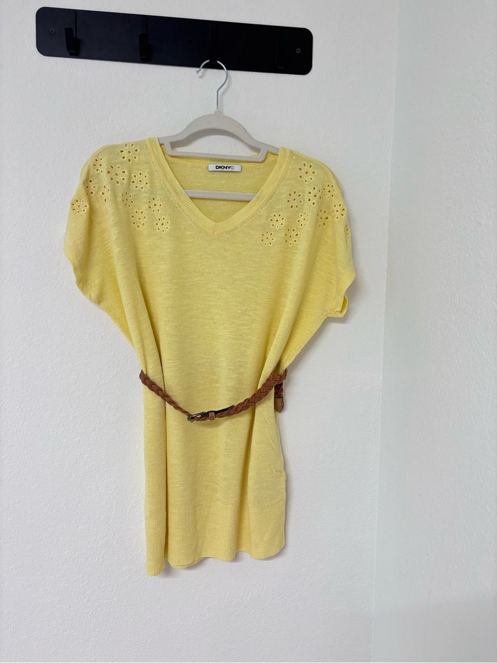 DKNYC Soft Yellow V-Neck Eyelet Knit Tunic